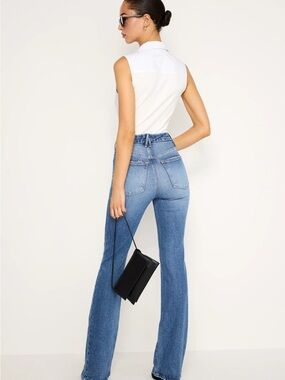 Good American Mid-Blue High-Rise Flare Jeans